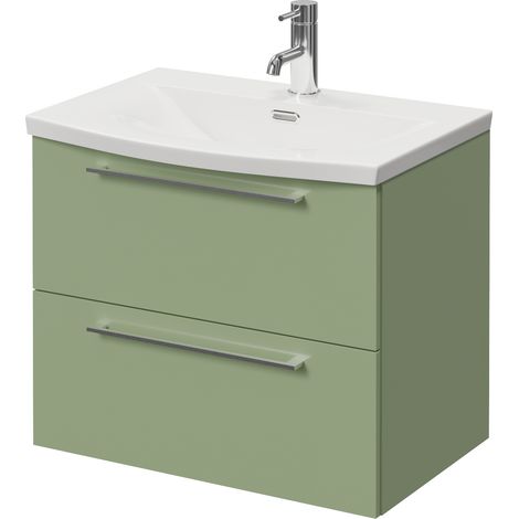 Napoli 390 Olive Green 600mm Wall Mounted 2 Drawer Vanity Unit with Arc Basin - 600mm - Chrome 320mm Handle