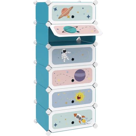 Armoire à chaussures de dessin animé en mosaïque multicouche anti-poussière combinaison détachable 6 fentes armoire avec étagère en plastique boîte de rangement avec porte 43 x 31 x 105 cm bleu ciel (1/3)
