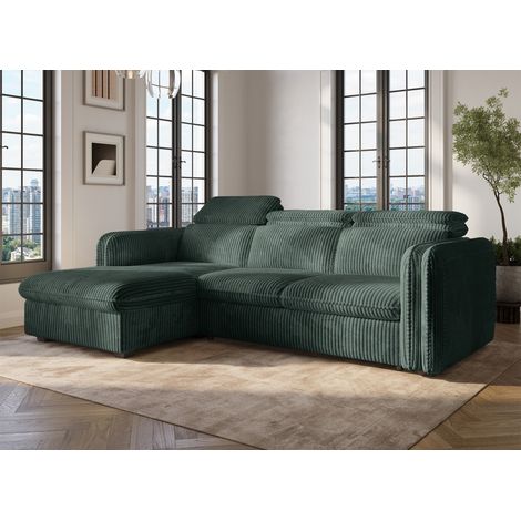 Deco In Paris – Canapé d'angle convertible en velours côtelé épais vert – 3 places – Dimensions 238x172 cm – Dossier ultra bombé – Accoudoirs rembourrés (1/5)