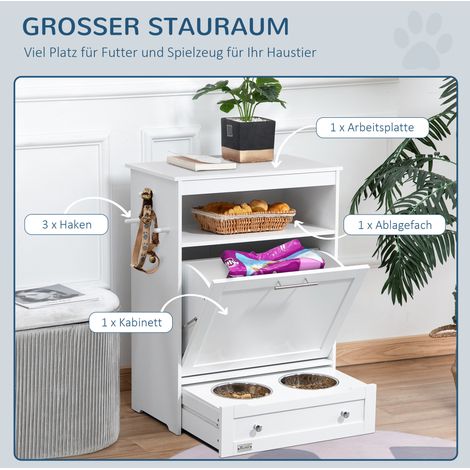 Station d’alimentation pour animaux avec 2 bols en inox, 3 crochets et rangement ouvert, meuble blanc 61 x 35,5 x 82 cm (1/5)