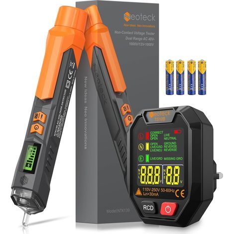 Kit Testeur Électrique 2 en 1 – Testeur de Prise avec Écran LCD + Stylo Testeur de Tension 12-1000V – Détecteur de Tension Sans Contact RCD GFCI, Diagnostic Sécurité pour Maison et Électricien