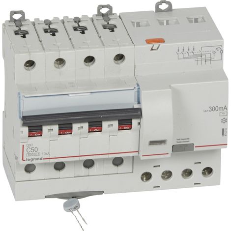 Disjoncteur différentiel monobloc DX³6000 10kA arrivée haute et départ bas à vis 4 Pôles 400V 50A type AC 300mA LEGRAND 411210