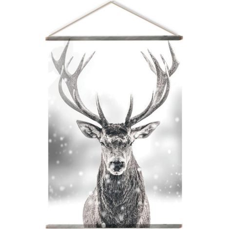 Toile Murale à Suspendre "Cerf" 90x130cm Noir & Blanc (1/2)