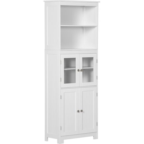 Mobile Dispensa con 2 Ripiani Aperti e 2 Armadietti con Ante 60x30x162 cm in MDF e Vetro Bianco