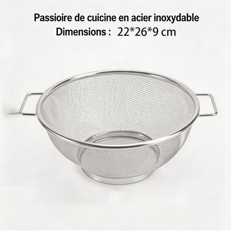 Passoire de cuisine multifonction en acier inoxydable à anses, panier égouttoir pour légumes, fruits, pâtes et salades, ustensile polyvalent, 22×26×9 cm, argent (1/5)