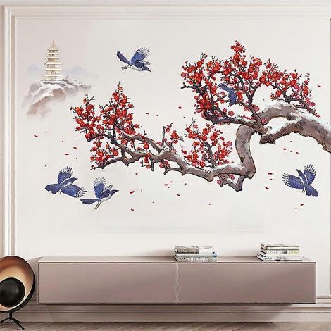 decalmile Stickers muraux aquarelle fleurs, oiseaux, branches d'arbre, décoration murale pour salon, canapé, fond TV (1/5)