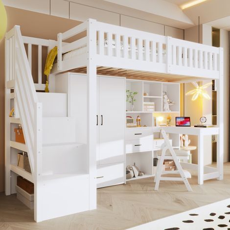Hochbett Kiefernholz Weiß 90x200 cm mit Schreibtisch, Kleiderschrank und Stauraumleiter (1/5)