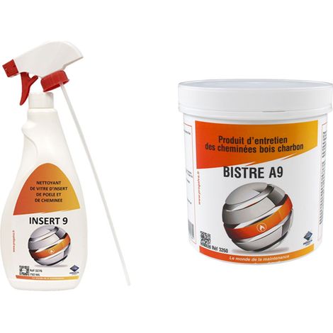 Progalva – Kit d'entretien cheminées et inserts – Nettoyant vitres 1kg + Bistre A9 pour bois et charbon – Efficace contre goudron