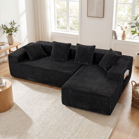 Canapé d'angle compressé 3 places velours côtelé Noir,Canapé modulaire,Assises profondes,Chaise longue droite,Sans assemblage,261x156x80cm (1/5)