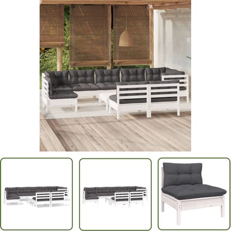 The Living Store 10-tlg. Garten-Lounge-Set mit Kissen Weiß Kiefer Massivholz - Gartensessel - Lounge Set - Gartenmöbeln - Outdoor Möbel - Rattan Sessel (1/5)