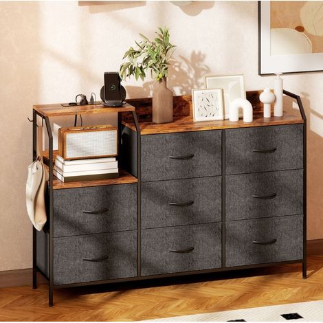 Commode 8 tiroirs tissu, cadre acier, station de charge, brun rustique et noir DESVIAE (1/5)