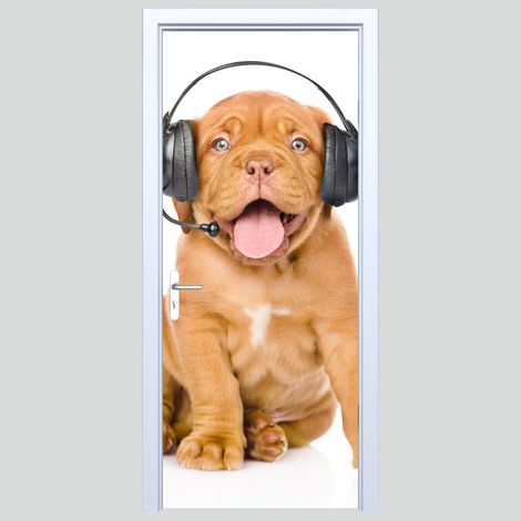 Pegatina de tela para puerta con perro en auriculares 320PD
