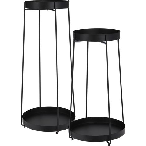 Blumentopf Ständer aus Metall in schwarz 2er Set - H 58 / 46 cm - Deko Blumenregal mit 2 Ablagen - Blumentisch Pflanzentreppe Blumenhocker Pflanzenständer