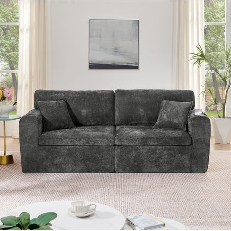 Divano relax 2 posti nero in chenille con USB, portabicchieri, tasca laterale e cuscini