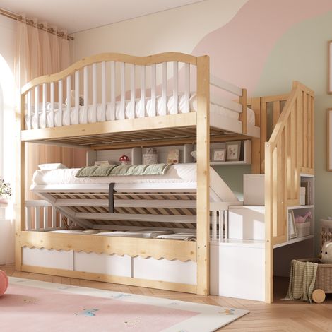 Lit superposé enfant en bois 90x200 avec étagère,échelle de rangement,lit coffre hydraulique,cadre de lit enfant,blanc+chêne (1/5)