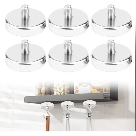 Aimants en néodyme super puissants : lot de 6 aimants ronds en néodyme Ø 25 mm avec filetage M6, force d'adhérence de 36 kg, systèmes magnétiques pour vis (1/5)