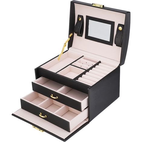 3-Tier PU Leather Jewelry Storage Case, Display Box Stand, Organizer with Mirror (Black)