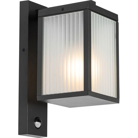 Outdoor Wall Lantern Black with Ribbed Glass and Motion Sensor - Charlois (1/4)