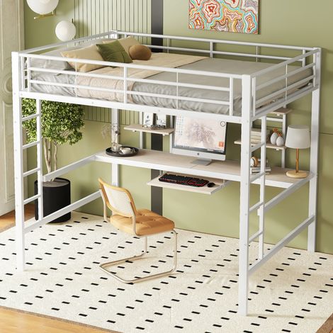 Hochbett, 140200 cm, Bettgestell Metallbett, Eisenbett, Hochbett mit Schreibtisch und zwei Bücherregalen für Kinder, Jugendliche und Erwachsene, Weiß (1/5)