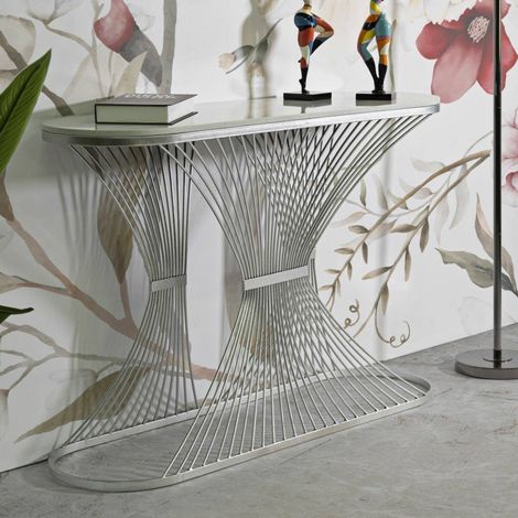 Dmora - Consola Branduzzo, Mesa multiusos, Gabinete de soporte, Escritorio de pasillo, 120x35 h79 cm, Plata (1/5)