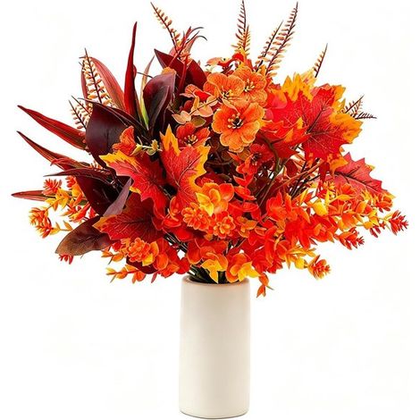 Fleurs artificielles d’automne 9 branches – Bouquet de fausses fleurs 38 cm rouge orange avec eucalyptus et fougères – Décoration d’intérieur – Vase non inclus (1/5)