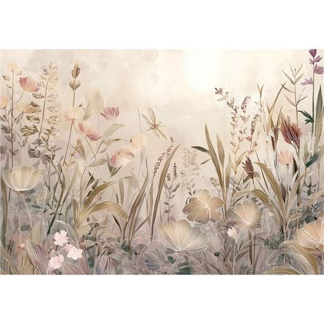 Papier peint mural nature prairie fleurs boho béton intissé grand format design intérieur salon chambre pas cher 200x140 cm