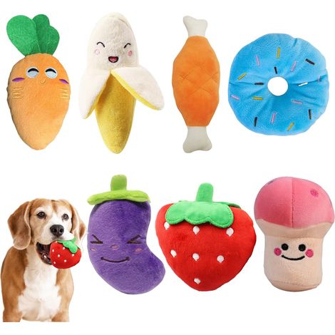Lot de 7 jouets en peluche couineurs pour chiens et chiots - Fruits, légumes et friandises lavables pour petits et moyens chiens (1/5)
