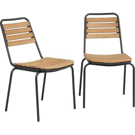 Lot de 2 chaises de jardin empilables résistantes aux intempéries, acier et bois naturel, dossier inclus, charge maximale 160 kg (1/3)