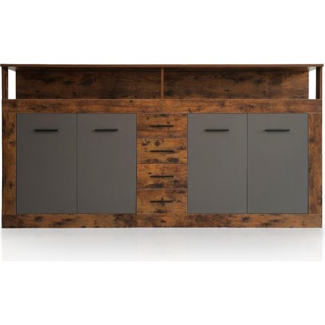 Cotecosy – Buffet industriel L190cm 4 portes et 4 tiroirs – Bois foncé et gris – Rangement élégant pour salon – Dimensions H95cm P32cm (1/5)