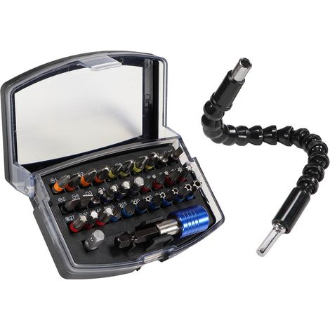 Magnet Bithalter flexible Welle mit 32 tlg. Bitsatz S2 Stahl Box mit Gürtelclip (1/5)