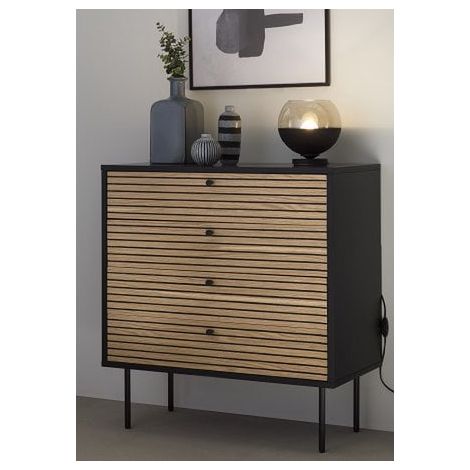 Commode de Rangement Style Scandinave en MDF Noir et Placage Chêne Véritable 4 Tiroirs - PANGIVO (1/4)