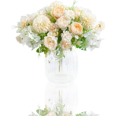 Fleurs Artificielles - Bouquet De Pivoines En Soie Et Hortensias En Plastique Blanc - Décoration Intérieure Extérieure - 2 Pièces (1/5)