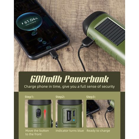 Lampe torche manuelle à énergie solaire, compacte et rechargeable par USB avec LED, lampe torche de survie portable, lampe torche à dynamo à dégagement rapide pour les activités de plein air, le sport (1/5)