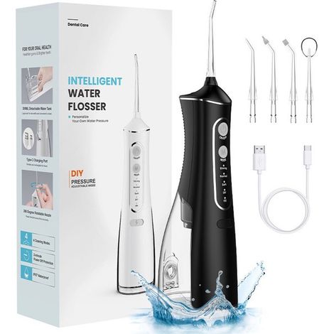 Hydropulseur Dentaire - Douche Buccale Portable 300 ml - Noir - Irrigateur de Voyage Rechargeable - Hydropulseur Électrique Professionnel (1/5)