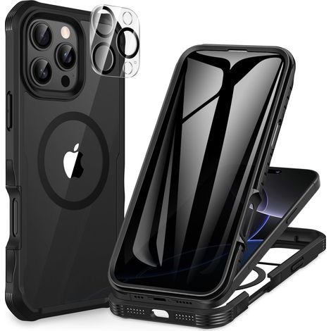 Magnétique Anti Espion Coque iPhone 16 Pro, Compatible avec MagSafe intégré Verre Trempé Protection écran et Protecteur Caméra, Antichoc Téléphone Housse Double Face Etui Intégrale - Noir (1/5)