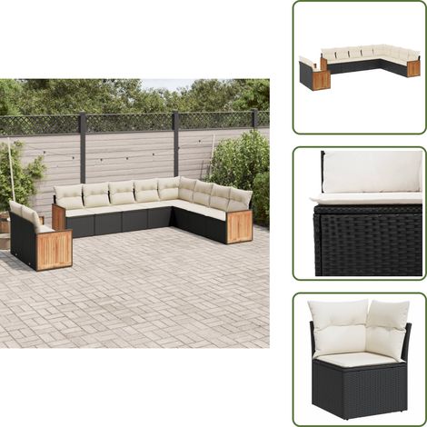 The Living Store Salon de jardin 10 pcs avec coussins noir résine tressée - Ensemble Salon De Jardin - Meuble Extérieur - Salon De Jardin Design - Fauteuil De Jardin - Table Basse Jardin