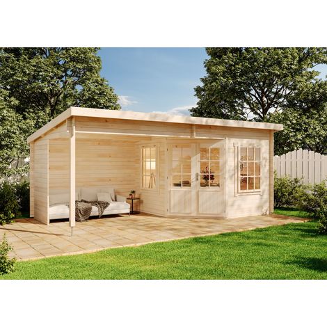 Carlsson – Abri de jardin bois naturel 28 mm – Dimensions 598 x 330 cm – Double porte 142 x 189 cm – 2 fenêtres ouvrantes – Volume 35,5 m³ (1/5)
