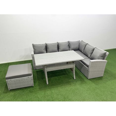 Fimous Rattan Garden Furniture Set Outdoor 7 Seater Patio Dining Corner Sofa Sets with Dining Table Big Footstool Light Grey Mixed (1/4)