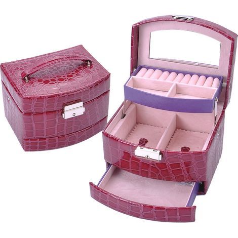 Schmuckkästchen für Damen, 3-stöckiges, abschließbares Reise-Schmuckkästchen aus Leder mit Spiegel und Schloss für Mädchen, Ringe, Ohrringe, Halsketten (Lila) (1/5)