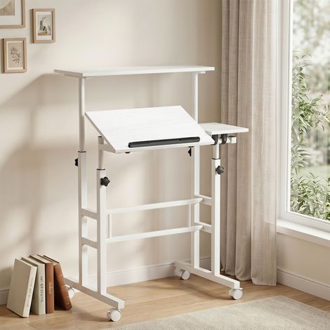 Bureau Assis-Debout, Bureau Réglable en Hauteur 70 x 60 cm, à Roulettes avec Plateau Inclinable, 70x60x70,5-120cm, Blanc (1/5)