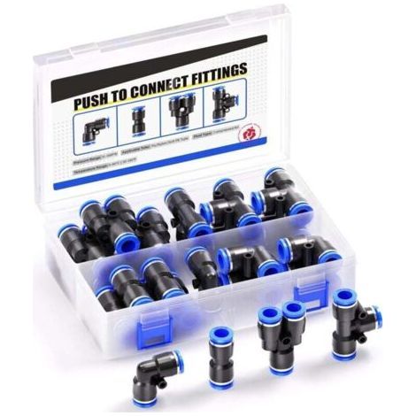 40pcs 6mm OD Push to Connect Fitting Kits, 10 Straight Lines 10 Elbows 10 Tee 10 Splitters (1/4)