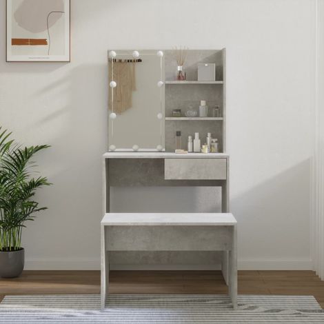 Ensemble de coiffeuse avec LED Table de maquillage Compartiments de Rangement Coiffeuse Maquillage Gris béton Bois d'ingénierie DNBD53851 (1/5)
