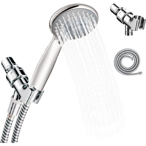 Ensemble de douchette à main, 5 jets, comprenant un flexible en acier inoxydable et un support réglable, finition chromée polie, support pour douchette, salle de bain (1/5)