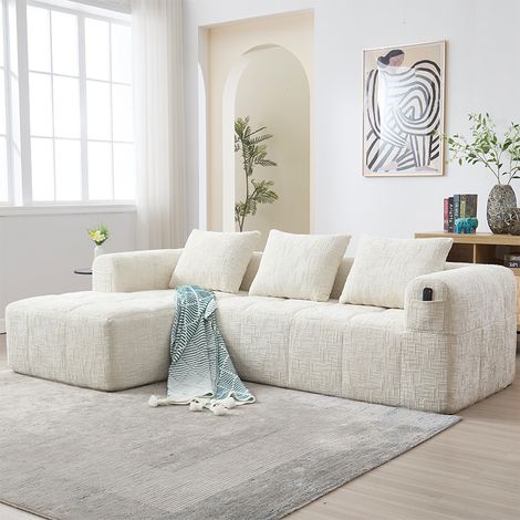 Canapé d’Angle 3 Places en Chenille avec Méridienne, Poches Latérales et 3 Coussins, Beige, Sans Montage (1/5)