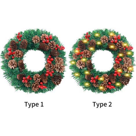 Künstlicher Weihnachtskranz 50 cm mit Tannenzapfen und roten Beeren, hängende Girlande „Frohe Weihnachten“, Wanddekoration für die Haustür oder Party. (1/2)
