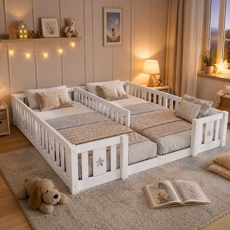 Lit Enfant au Sol 90x200 cm avec Barrières de Sécurité, Lit Double avec Motif Etoiles, Design Montessori, pour 2 Enfants, Blanc (1/5)
