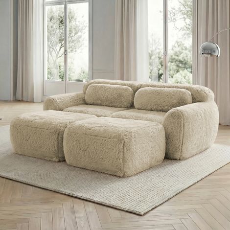 REDOM - Sofá modular de 2 plazas con 2 otomanas, sin montaje, respaldo envolvente, tejido de peluche beige claro (1/5)