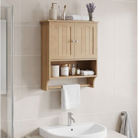 MODFU – Meuble mural salle de bain MDF – Double porte, étagère et porte-serviettes – Fixation murale – Salle de bains – Chêne (1/5)