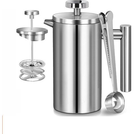 Cafetière à piston française de 1 litre (34 oz), en acier inoxydable à double paroi, avec 3 filtres et une brosse de nettoyage  théière isotherme (350 ml) pour la maison, le camping et les voyages. (1/5)