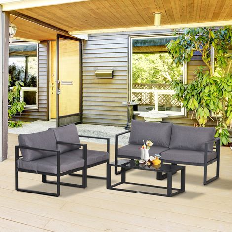 Ensemble de mobilier de jardin quatre pièces, salon de jardin, canapé avec coussins d'assise, table avec rangement, polyester, gris, 138 x 69 x 63 cm